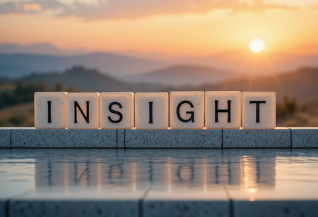 A captivating sunrise scene features the word "INSIGHT" spelled out with tiles on a reflective surface, creating a serene atmosphere perfect for inspiring motivation and clarity.の素材