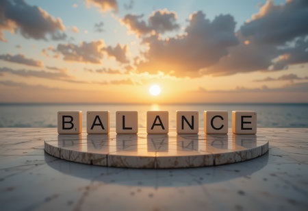 A serene sunset scene featuring letters spelling "BALANCE" on a marble surface, evoking feelings of tranquility and mindfulness against a beautiful water backdrop.の素材
