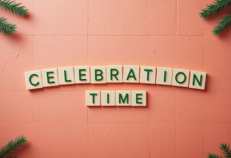 A vibrant arrangement spelling "Celebration Time" with green letters on a soft pink background. Ideal for festive events, announcements, and joyful occasions.の素材