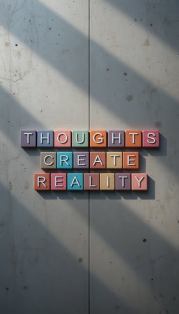 This image features colorful letter blocks that spell out "Thoughts Create Reality" against a concrete wall, highlighting concepts of inspiration and creativity.の素材