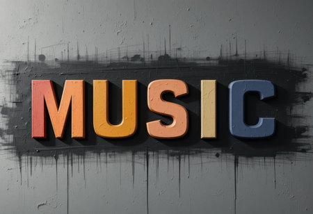 Vibrant and colorful letters spelling "MUSIC" are displayed against a textured gray wall. The artistic background enhances the visual appeal for creative themes.の素材