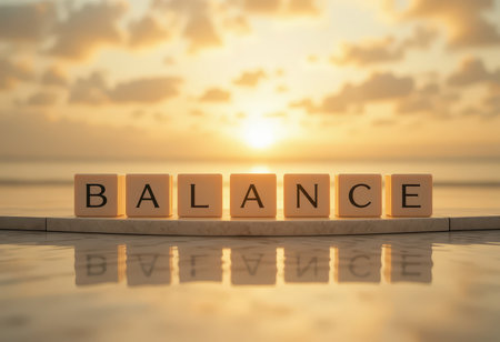 A peaceful scene featuring the word "BALANCE" spelled out with wooden blocks on a beach during sunrise. The soothing colors and reflection inspire harmony and mindfulness.の素材