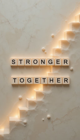 This image captures a motivational message "Stronger Together" displayed with letter tiles on a marble background, symbolizing unity and collaboration.の素材