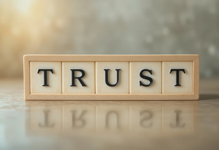 This image captures the word "trust" formed with wooden blocks on a reflective surface, symbolizing the importance of trust in relationships and personal connections.の素材