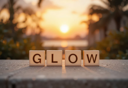 A serene sunset scene featuring wooden blocks spellingの素材