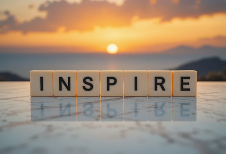 Captivating scene featuring the word "INSPIRE" spelled out on tiles against a stunning sunset backdrop, evoking feelings of motivation and tranquility in nature.の素材