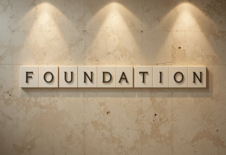 A stylish wall featuring the word "FOUNDATION" in bold letters. Soft lighting emphasizes the neutral aesthetic, perfect for modern interiors and creative spaces.の素材