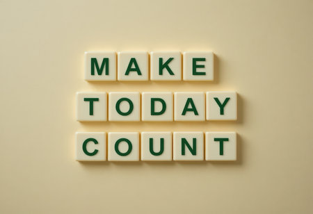 A creative arrangement of letter tiles spelling "Make Today Count" on a soft background, serving as a motivational daily reminder for personal growth and positivity.の素材
