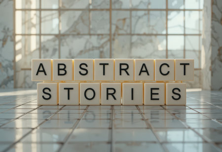 This image features block letters spelling "Abstract Stories" set against modern floor tiles, creating an artistic and inspiring atmosphere. Ideal for creative projects.の素材