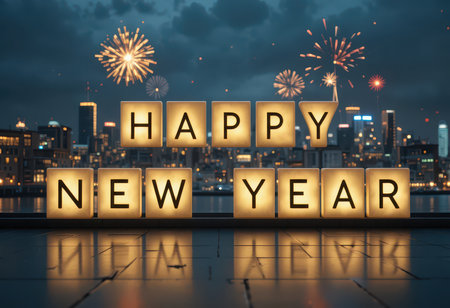A vibrant New Year celebration scene featuring illuminated letters spelling "HAPPY NEW YEAR" against a city skyline, surrounded by festive fireworks at night.の素材