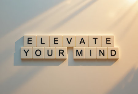 This stock photo features the phrase "Elevate Your Mind" arranged with letter blocks, symbolizing motivation and personal growth. Perfect for mental wellness concepts.の素材