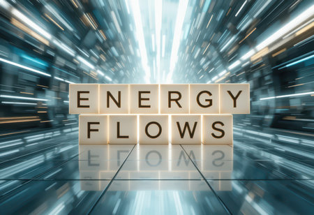 This vibrant image illustrates the concept of energy flows with illuminated text in a dynamic abstract setting, showcasing innovation and modern technology.の素材