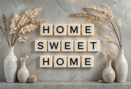 A beautiful arrangement showcasing a cozy home decor vibe with "Home Sweet Home" letters and elegant white vases holding dried flowers. Perfect for home inspiration.の素材