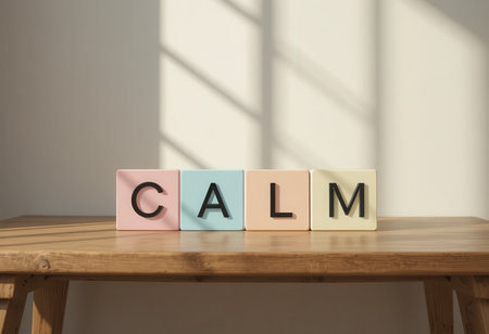 A set of pastel-colored blocks spelling the word "CALM" on a wooden table. Soft sunlight casts gentle shadows, creating a serene and peaceful atmosphere perfect for home decor.の素材