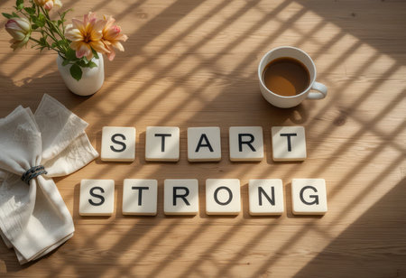 A cozy morning scene depicting coffee, light, and message blocks that inspire a positive start. Perfect for themes of motivation, serenity, and lifestyle.の素材