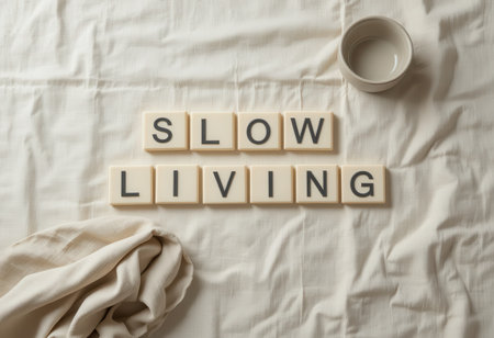 A serene aesthetic composition featuring tiles arranged with the phrase "Slow Living," accompanied by a simple ceramic bowl on a soft white cloth, promoting mindfulness and relaxation.の素材
