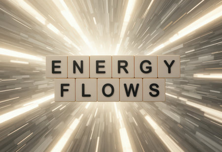 This vibrant image illustrates the concept of energy flows with block letters against a dynamic backdrop. The energetic design conveys movement and innovation, inspiring creativity.の素材