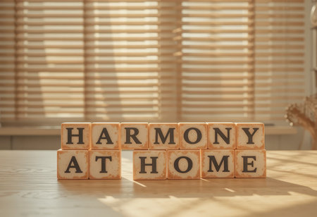 Nine wooden blocks arranged to spell "Harmony at Home" create a warm and inviting atmosphere in a sunlit room, perfect for conveying comfort and tranquility.の素材