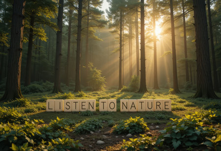 A tranquil forest scene featuring sunlight streaming through tall trees, accompanied by a motivational message to inspire people to appreciate nature and its beauty.の素材