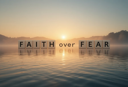 A serene image showcasing the powerful message of "Faith over Fear" against a beautiful sunset reflection on water, promoting hope and inspiration.の素材