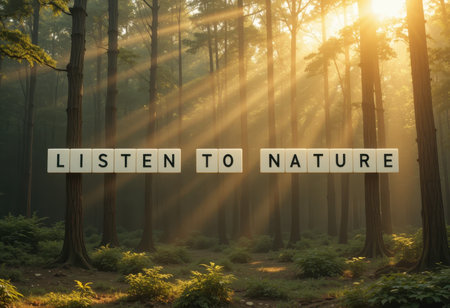 A serene forest scene showcasing sunlight filtering through trees, with a motivational message encouraging viewers to listen to nature. Perfect for wellness themes.の素材