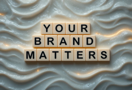 Close-up view of letter tiles spelling "YOUR BRAND MATTERS" on a textured surface, emphasizing the significance of brand identity in business and marketing strategies.の素材