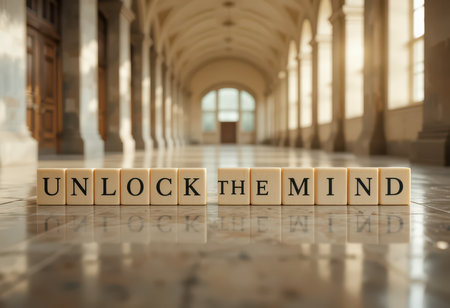 A serene setting showcasing the phrase "Unlock the Mind" which symbolizes the journey of creativity and self-discovery in an inspiring environment.の素材