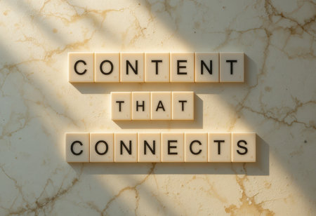 This image showcases the phrase "Content That Connects" crafted from elegant tiles on a marble background, symbolizing creativity and communication in modern marketing.の素材