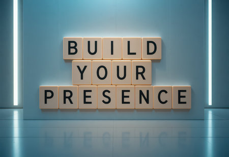 Vibrant composition of letter blocks spelling "Build Your Presence" in a sleek office setting, symbolizing growth and communication in business.の素材