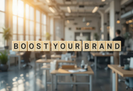 Conceptual image of the phrase "Boost Your Brand" in a modern office setting, highlighting the importance of branding and strategic growth in business.の素材