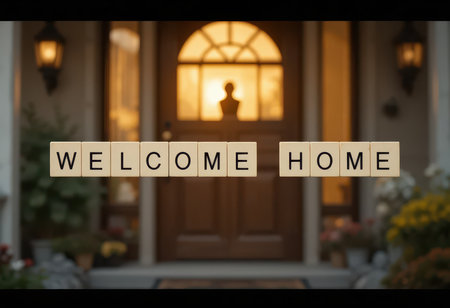 A cozy and charming scene featuring a "Welcome Home" message displayed at a beautifully lit entrance. Perfect for conveying warmth and hospitality.の素材
