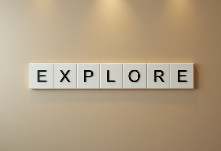 This photo showcases a modern wall art piece featuring the word "Explore." Perfect for inspiring creativity in home or office spaces, it enhances any interior decor.の素材