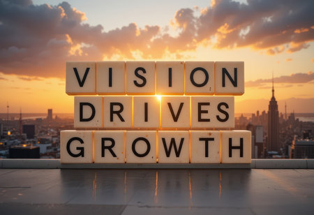 A motivational scene showcasing the words "Vision Drives Growth" against a stunning sunset over a city skyline, symbolizing future possibilities and new opportunities.の素材