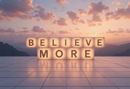A stunning scene featuring illuminated blocks spelling 'Believe More,' set against a picturesque sunset over mountains, evoking feelings of inspiration and positivity.の素材