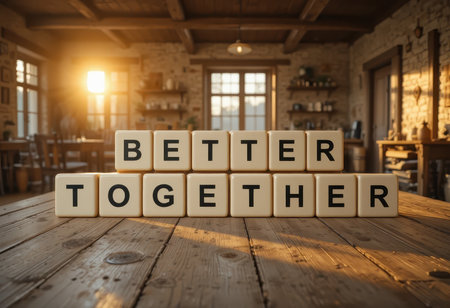 Cozy interior scene featuring wooden blocks with the words "Better Together." Perfect for themes of unity, friendship, and home decor inspiration.の素材