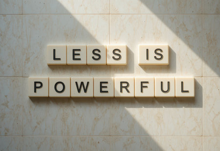 This image showcases a minimalist design featuring the phrase "Less is Powerful" on a wall, emphasizing simplicity and clarity in design and philosophy.の素材