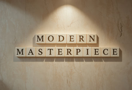 This elegant display features the phrase "Modern Masterpiece" in a stylish font against a textured wall, illuminated by soft natural light.の素材