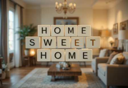 A warm and inviting living room with the phrase "Home Sweet Home" displayed creatively. Ideal for themes of comfort, family, and interior design inspiration.の素材