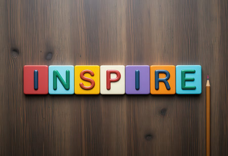 This vibrant arrangement features colorful letters spelling "INSPIR" on a wooden surface with a pencil alongside, perfect for conveying creativity and motivation.の素材