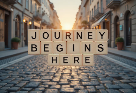 This stunning image captures the inspiring message "Journey Begins Here" displayed on wooden blocks against a warm sunset in an urban street.の素材