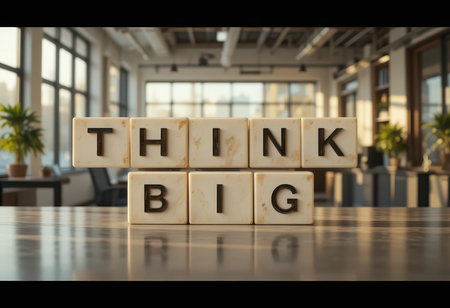 A close-up view of wooden blocks spelling "THINK BIG" in a modern office setting, surrounded by greenery. This image conveys motivation and inspiration in a professional environment.の素材