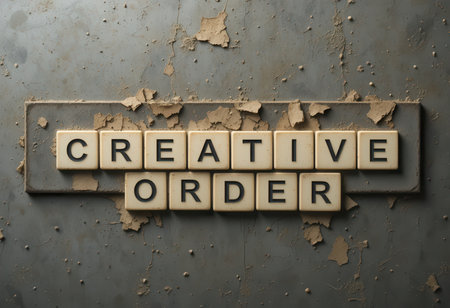 This stock photo captures the phrase "Creative Order" displayed with vintage letters on a grungy textured background, symbolizing a unique artistic concept.の素材