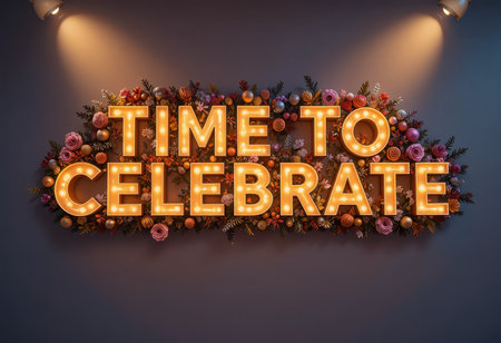 Bright illuminated sign with floral accents reading "Time to Celebrate" perfect for festive events, parties, and special occasions. Adds a joyful ambiance.の素材