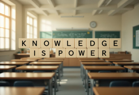 A creative classroom scene showcases the phrase "Knowledge Is Power," emphasizing the importance of education and inspiration in a learning environment.の素材