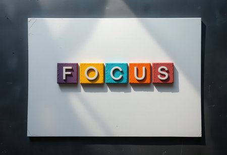 A vibrant arrangement of colorful letters spelling 'FOCUS' on a white board, showcasing creativity and motivation. Perfect for themes of education and inspiration.の素材