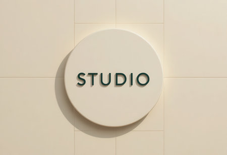 A minimalist studio signage displayed elegantly on a soft-lit wall. The modern design features a circular shape with the word "STUDIO" in a stylish font, ideal for branding or interior design concepts.の素材