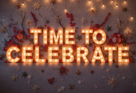 A vibrant display featuring marquee letters that read "Time to Celebrate," surrounded by floral arrangements and glowing lights, perfect for festive events.の素材