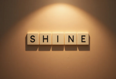 The image features the word "SHINE" illuminated on a wall, creating an inspiring and motivating atmosphere. Soft light enhances the visual appeal and warmth.の素材