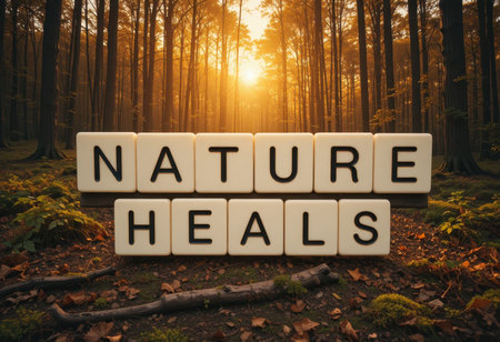 An inspiring scene showcasing the phrase "Nature Heals" with letter blocks in a serene forest. The setting features warm sunlight filtering through trees, promoting tranquility and wellness.の素材