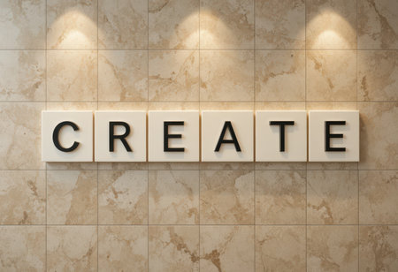 A stylish wall art piece featuring the word "Create" displayed in bold letters. This elegant indoor setting adds a touch of motivation to any space.の素材